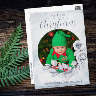 My 1st Christmas Silver Floral Baby Photo Holiday Postcard