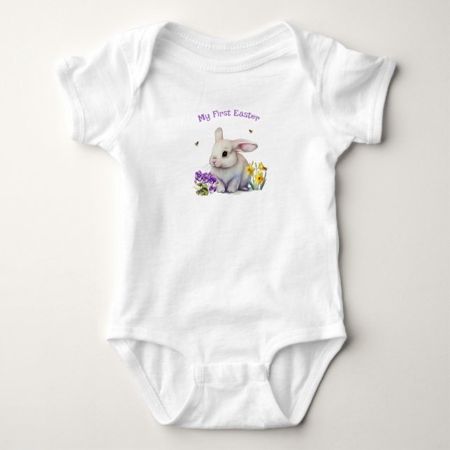 My 1st Easter Bunny Pansies Daffodils Bee  Baby Bodysuit (Front)