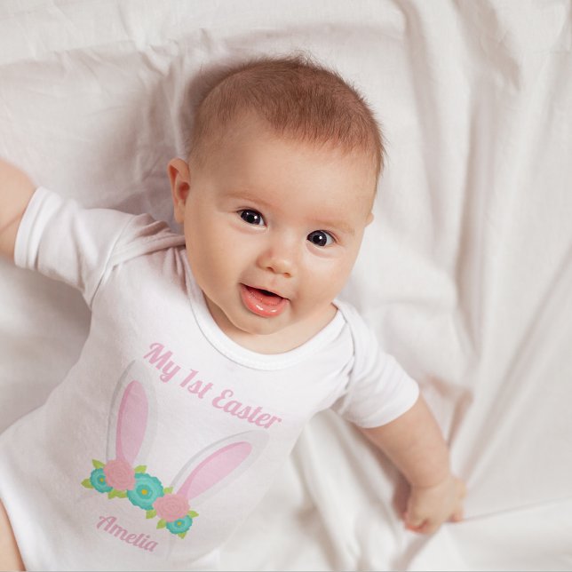 My 1st Easter Cute Pink Bunny Ears Personalised Baby Bodysuit (Creator Uploaded)