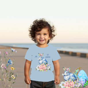 My 1st Easter Floral Wreath Blue Rabbit Pink Bloom Toddler T-Shirt