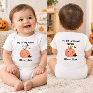 My 1st Halloween 2026 Smiling Pumpkin Witch Name Baby Bodysuit