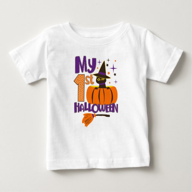 My 1st Halloween Baby Cute Black Cat Witch Pumpkin T-Shirt (Front)