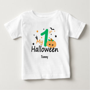My 1st Halloween. Pumpkin, Bats, Editable Name Baby T-Shirt