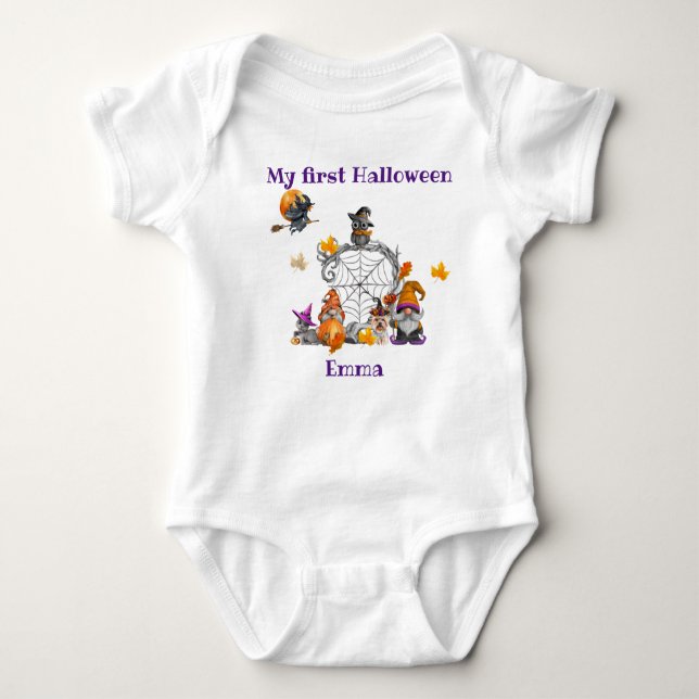 My 1st Halloween-Whimsical Halloween Gnome Scene Baby Bodysuit (Front)