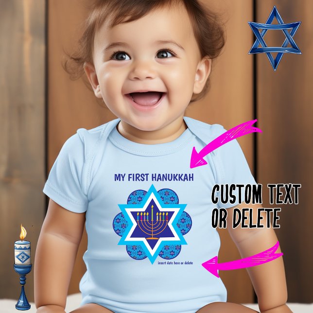 My 1st Hanukkah blue - customisable Baby Bodysuit (My [ custom ] Hannukkah - blue onesie)