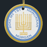 My 1st Hanukkah Photo Blue Gold Personalised Ceramic Tree Decoration<br><div class="desc">Personalise this cute blue and gold MY 1ST HANUKKAH ornament for a one of a kind keepsake. Upload your baby's photo on one side and add baby's name and the year on the other. The traditional blue and gold Hanukkah colours are highlighted by a simple gold tone Menorah in the...</div>