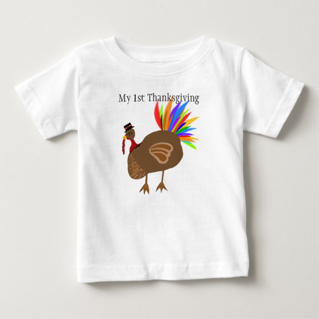 My 1st Thanksgiving Turkey Feathers Black Hat Baby T-Shirt (Front)