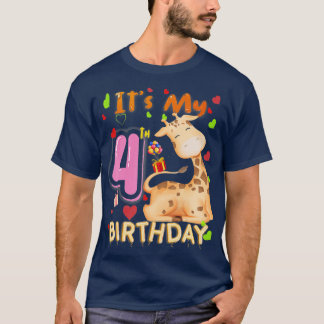 My 4th Birthday Giraffe 4 Year Old For Girls Kids  T-Shirt