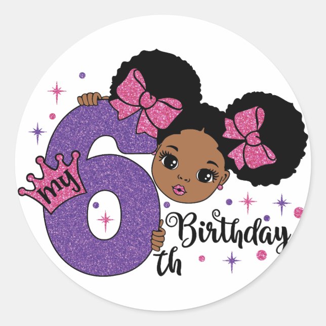 My 6th Birthday Girl Afro Hair Pink Glitter Bows Classic Round Sticker (Front)