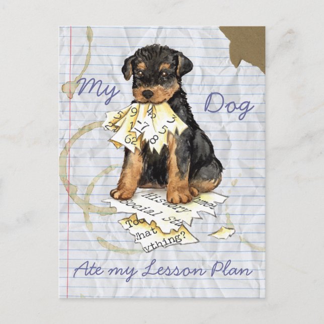 My Airedale Ate My Lesson Plan Postcard (Front)