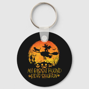 My Basset Hound Rides Shotgun Dog Halloween Costum Key Ring
