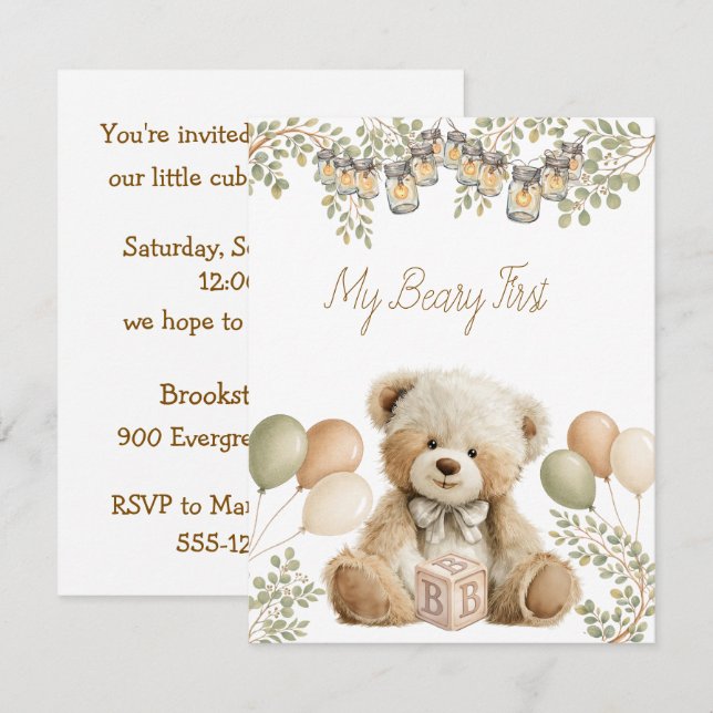 My Beary First Birthday Digital Download  Invitation (Front/Back)