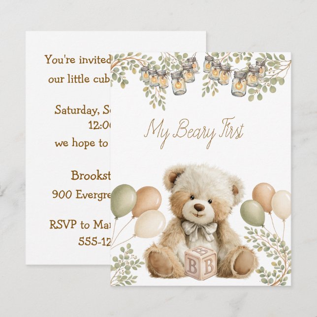 My Beary First Birthday Digital Download  Invitation (Front/Back)