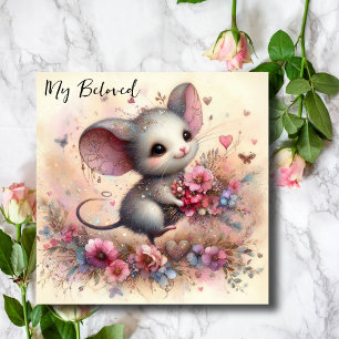 My Beloved Heart Floral Watercolor Mouse Valentine Holiday Card