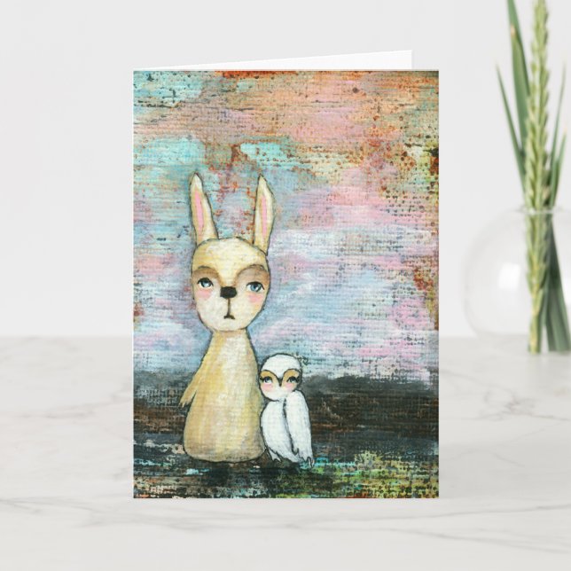 My Best Friend, Baby Rabbit, Baby Owl Abstract Art Card (Front)