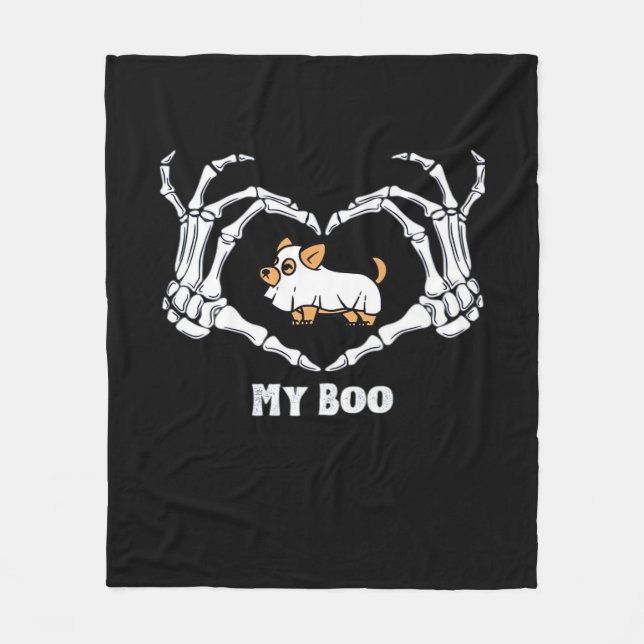 My Boo Chihuahua Costume With Skeleton Heart Hands Fleece Blanket (Front)