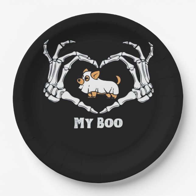 My Boo Chihuahua Costume With Skeleton Heart Hands Paper Plate (Front)