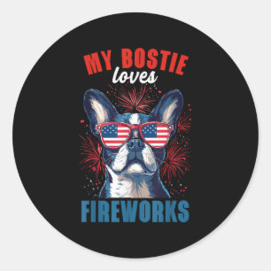 My Boston Terrier Loves Fireworks 4th Of July Dog Classic Round Sticker