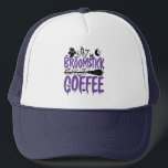 My Broomstick Runs On Coffee addict Halloween Cool Trucker Hat<br><div class="desc">Celebrate birthdays and Halloween with a touch of spooky vibes. Our "My Broomstick Runs On Coffee" design making it a fantastic present option.</div>