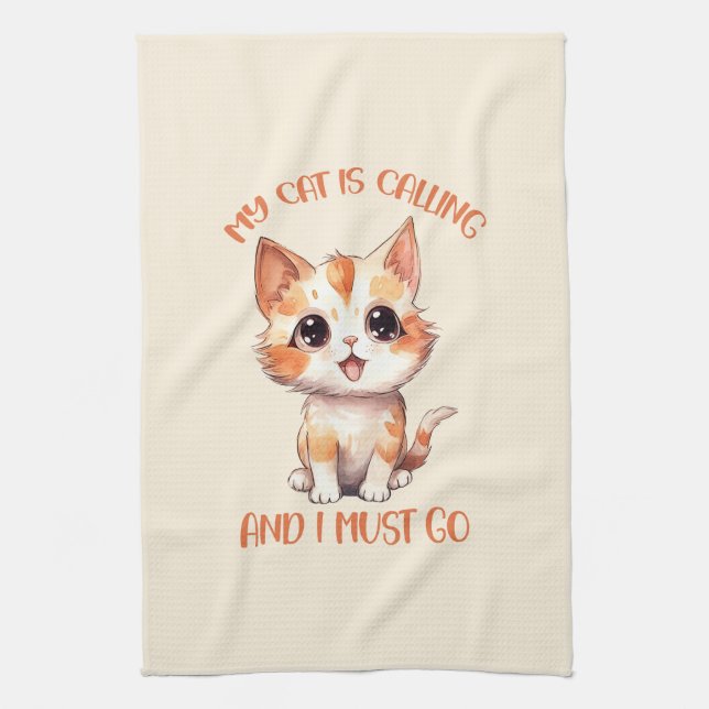 My Cat Is Calling Cute Orange Cat Tea Towel (Vertical)
