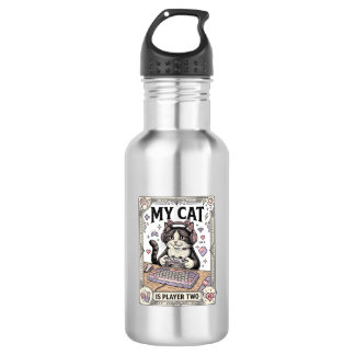 My Cat Is Player Two Cat Gamer Tech Vintage Vector 532 Ml Water Bottle