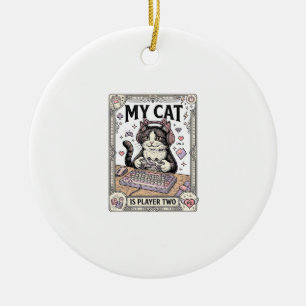 My Cat Is Player Two Cat Gamer Tech Vintage Vector Ceramic Tree Decoration