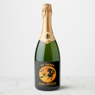 My Chicken Rides Shotgun Halloween Chicken Farmer Sparkling Wine Label