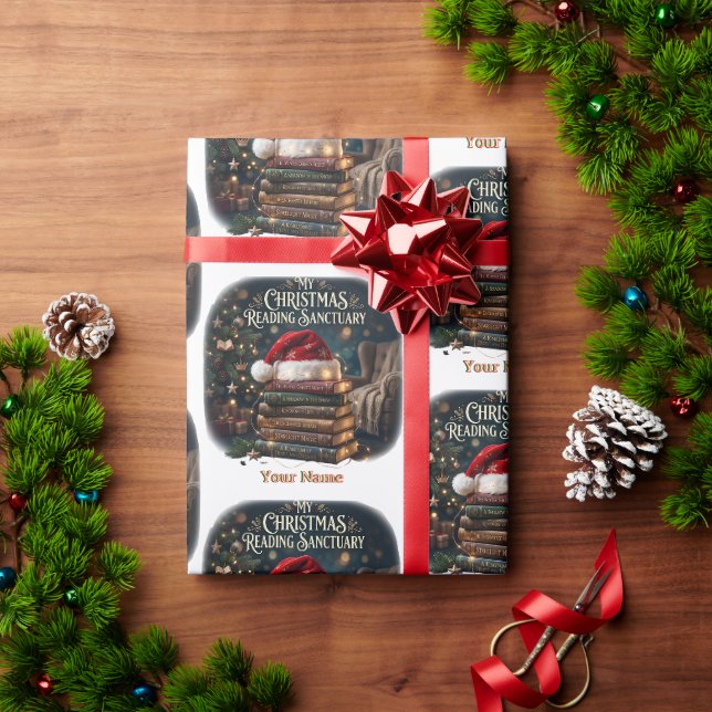 My Christmas Reading Santa Hat Book Stack Pattern Wrapping Paper (Holiday Gift)