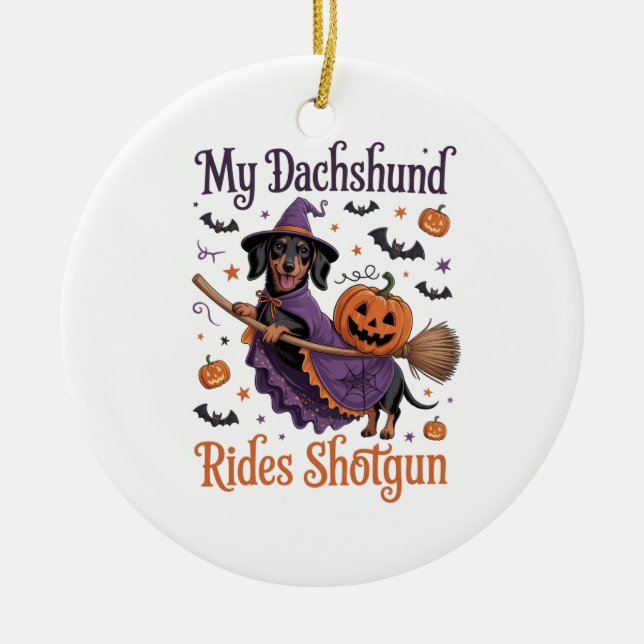 My Dachshund Rides Shotgun Ceramic Tree Decoration (Front)