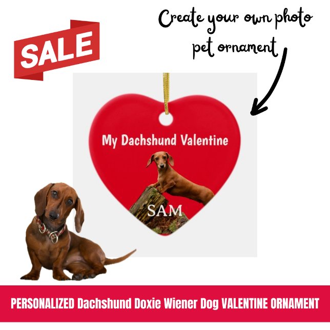 My Dachshund Valentine Red Photo Name Ceramic Tree Decoration (Personalized Doxie Valentine Ornament)