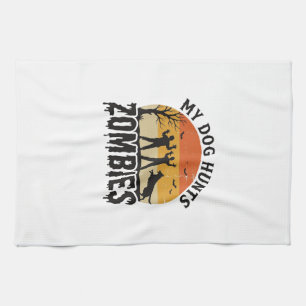 My Dog Hunts Zombies Vintage Halloween Dog Art_1 Tea Towel