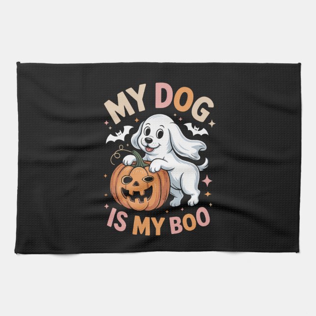 My Dog is My Boo Funny Halloween Tea Towel (Horizontal)