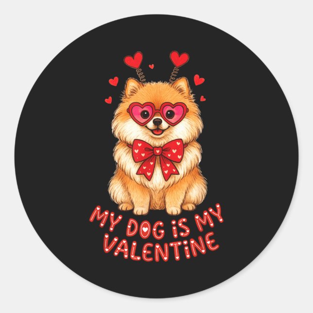 My Dog Is My Valentine Cute Meranian With Heart Gl Classic Round Sticker (Front)