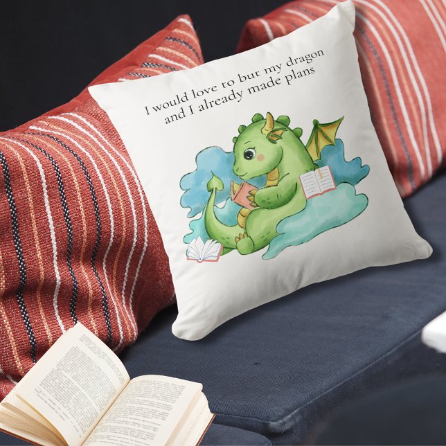 My dragon and I have made plans Cushion (baby dragon reading throw pillow, humor for introverts)