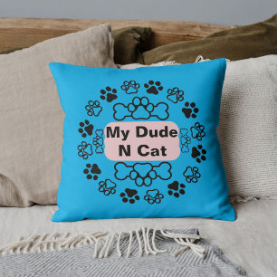 My Dude And Cat Funny Retro Cute Modern Paw Blue Cushion