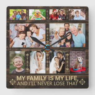 My family is my life wooden family photo collage square wall clock