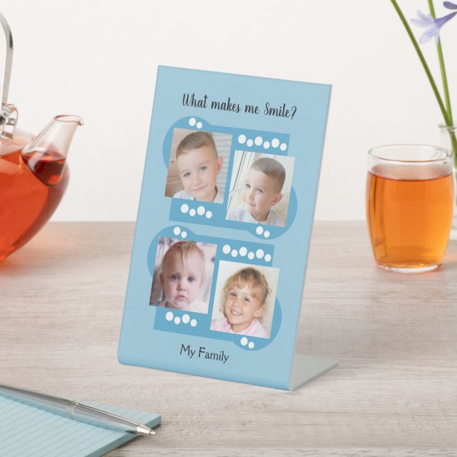 My family photos white and blue pedestal sign (In SItu)