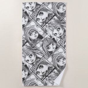 My favourite black and white patchwork dolls  beach towel