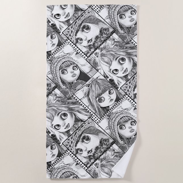 My favourite black and white patchwork dolls  beach towel (Front)