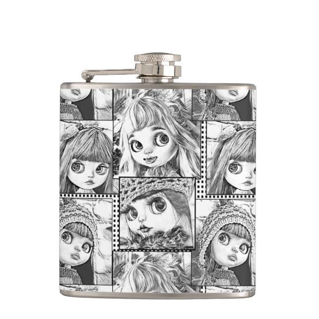My favourite black and white patchwork dolls  hip flask (Front)