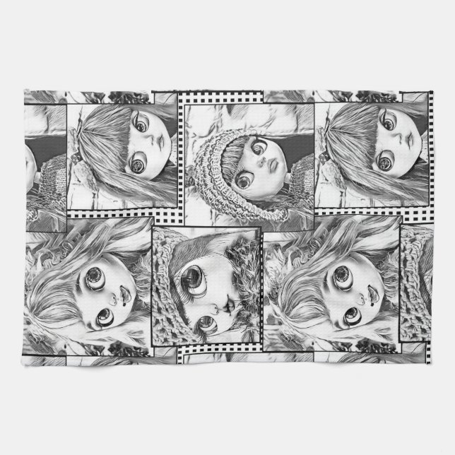 My favourite black and white patchwork dolls  tea towel (Horizontal)