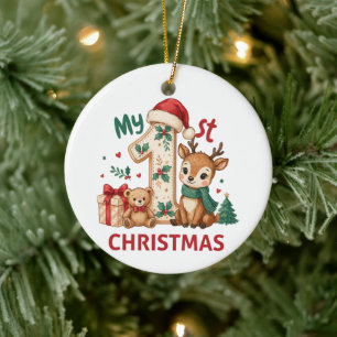 My First 1st Christmas Baby Deer Santa Hat Holiday Ceramic Tree Decoration