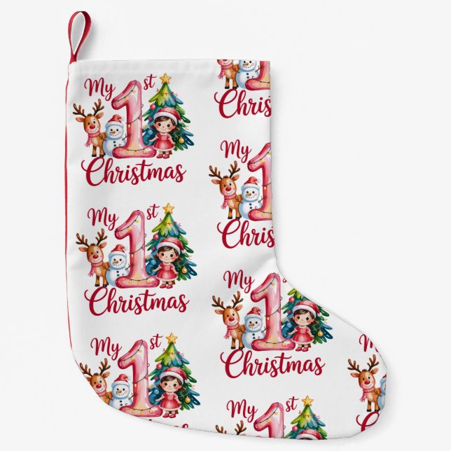 My First 1st Christmas Pink Baby Girl Xmas Snowman Small Christmas Stocking (Front)