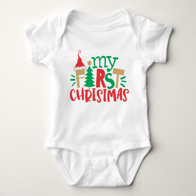 My First 1st Christmas Santa Hat Tree Red Green Baby Bodysuit (Front)