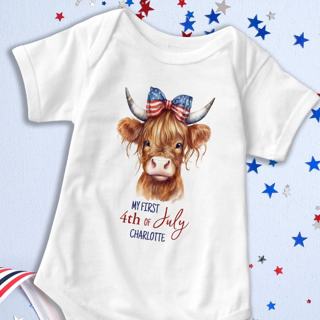 My First 4th of July Cute Patriotic Highland Cow Baby Bodysuit (Creator Uploaded)