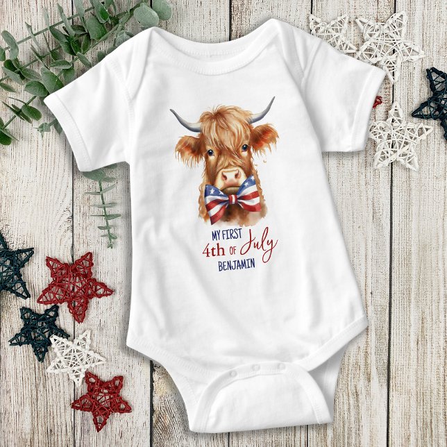 My First 4th of July Patriotic Cute Highland Cow Baby Bodysuit (Creator Uploaded)