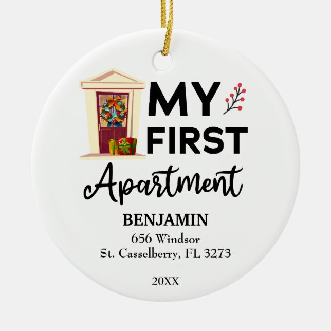 My First Apartment 2025 Custom Names & Address Ceramic Tree Decoration (Front)