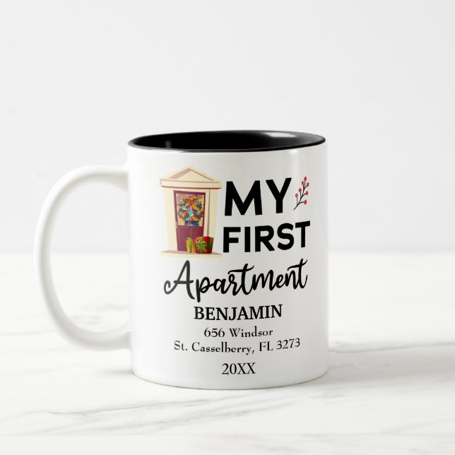 My First Apartment Custom Names & Address Two-Tone Coffee Mug (Left)