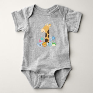My First Birthday. Giraffe and Happy Animals Desig Baby Bodysuit