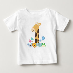 My First Birthday. Giraffe and Happy Animals Desig Baby T-Shirt